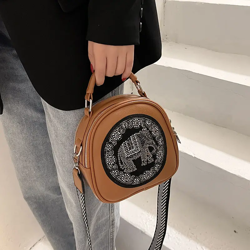 Vintage Fashion Shell Lock Diamond Elephant Bag Bags PU Leather Wide Strap Women Shoulder Crossbody Bag Women's Handbags Purses
