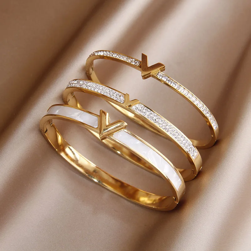 Stainless Steel Letter V Bangle Bracelets for Women Fashion Crystal Party Accessories Gifts