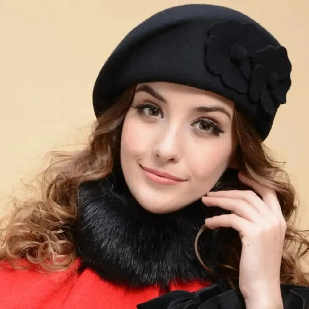 

Floral Wool Beret Fashion Retro Autumn Winter French Artist Cap Fedora Hat Cold Resistant Felt Beret