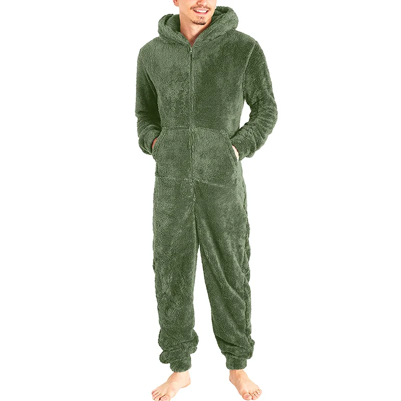 1pc Winter Men's Zipper Warm Plush One-Piece Pajamas Home Clothing Can Be Worn Outside Warm Comfortable Simple Solid Color