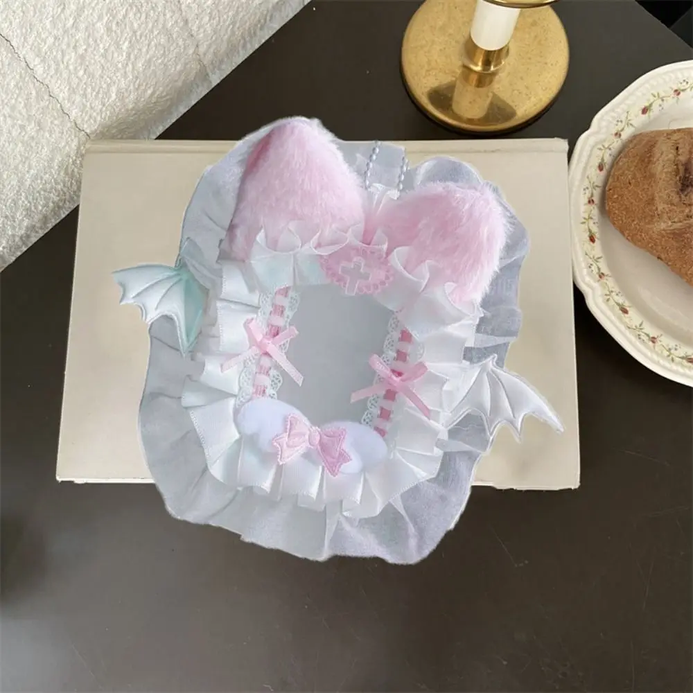 Ins Style Cartoon Plush Card Holder Lace Cat Ear Photo Protector Case Angel Wings Cute Star Chasing Pendant Keychain Student