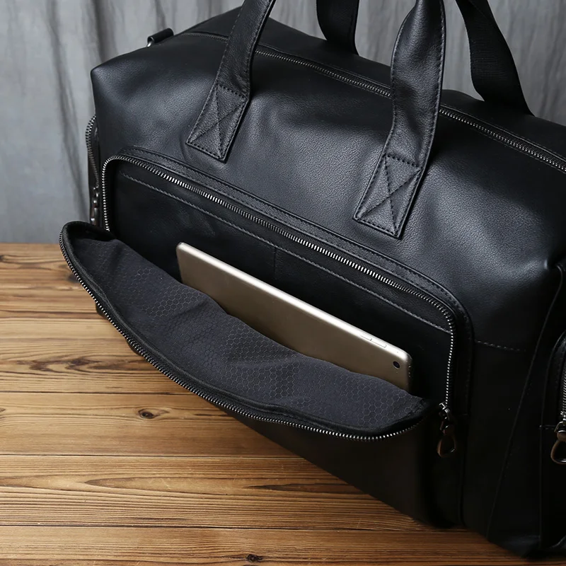 NZPJ Genuine Leather Men's Travel Bag, Casual Top Layer Cowhide Crossbody Bag, Laptop Bag, Large Capacity Luggage Bag Business