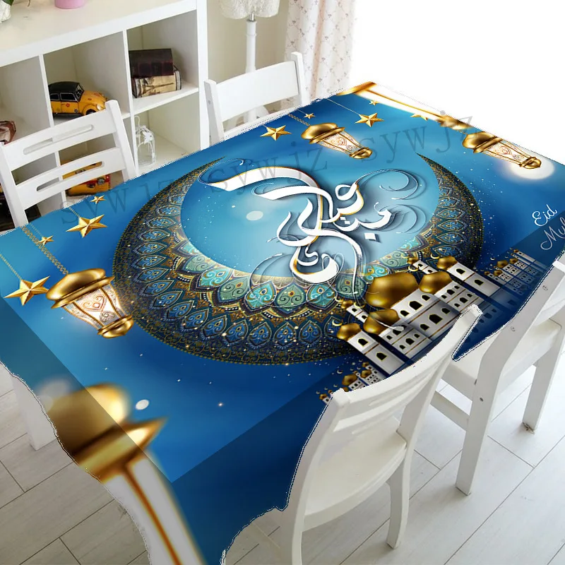 

Muslim Mosque Ramadan Tablecloth Kitchen Rectangle Tablecloth Crescent Moon Lantern Accessory Eid Mubarak Party Tablecloth