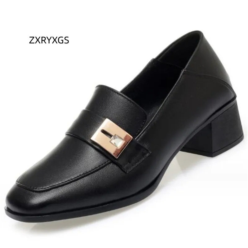 

ZXRYXGS Genuine Leather Emperament Elegant Women Middle Heels 2023 Spring Autumn Soft Sole Large Size Women's Shoes Black White