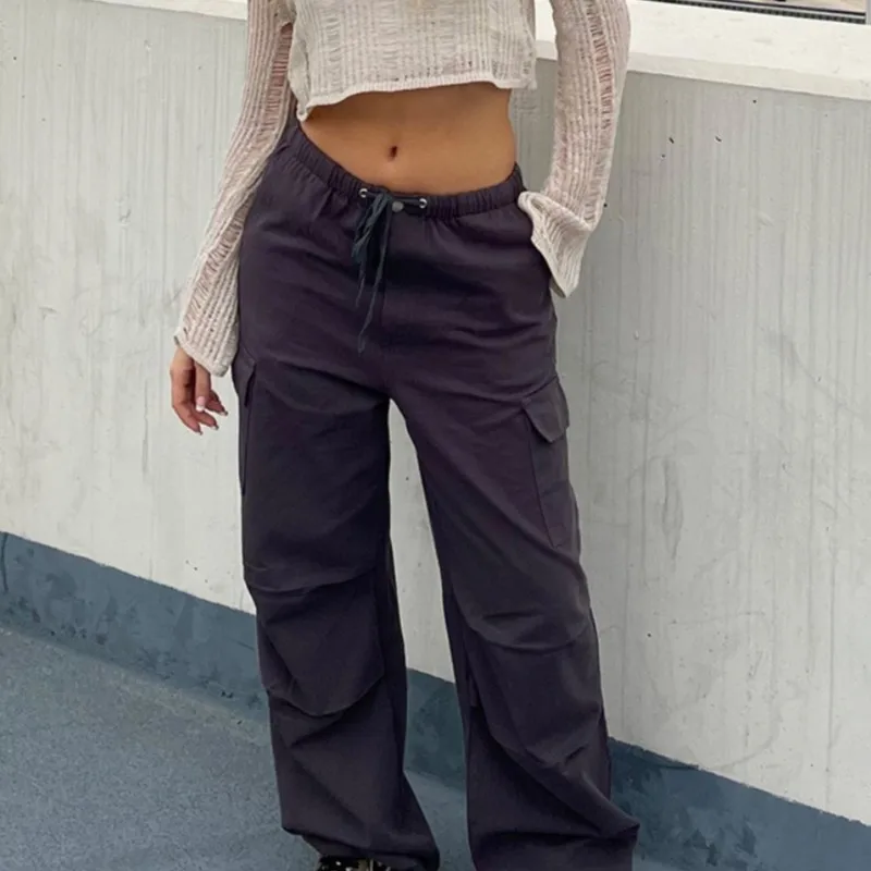 

Female Fashion Cargo Pants with Pockets Solid Color Drawstring Elastic High Waist Straight Long Trousers Women Casual Streetwear