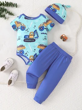 Summer New Arrival Baby Cartoon Truck Elephant Print Short Sleeve Romper Pants Hat 3 Piece Set 1
