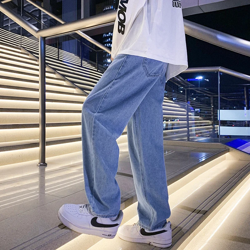 2022 Spring New Men's Light Blue Wide Leg Jeans Korean Style Streetwear Baggy Denim Pants Loose Straight-leg Trousers Male