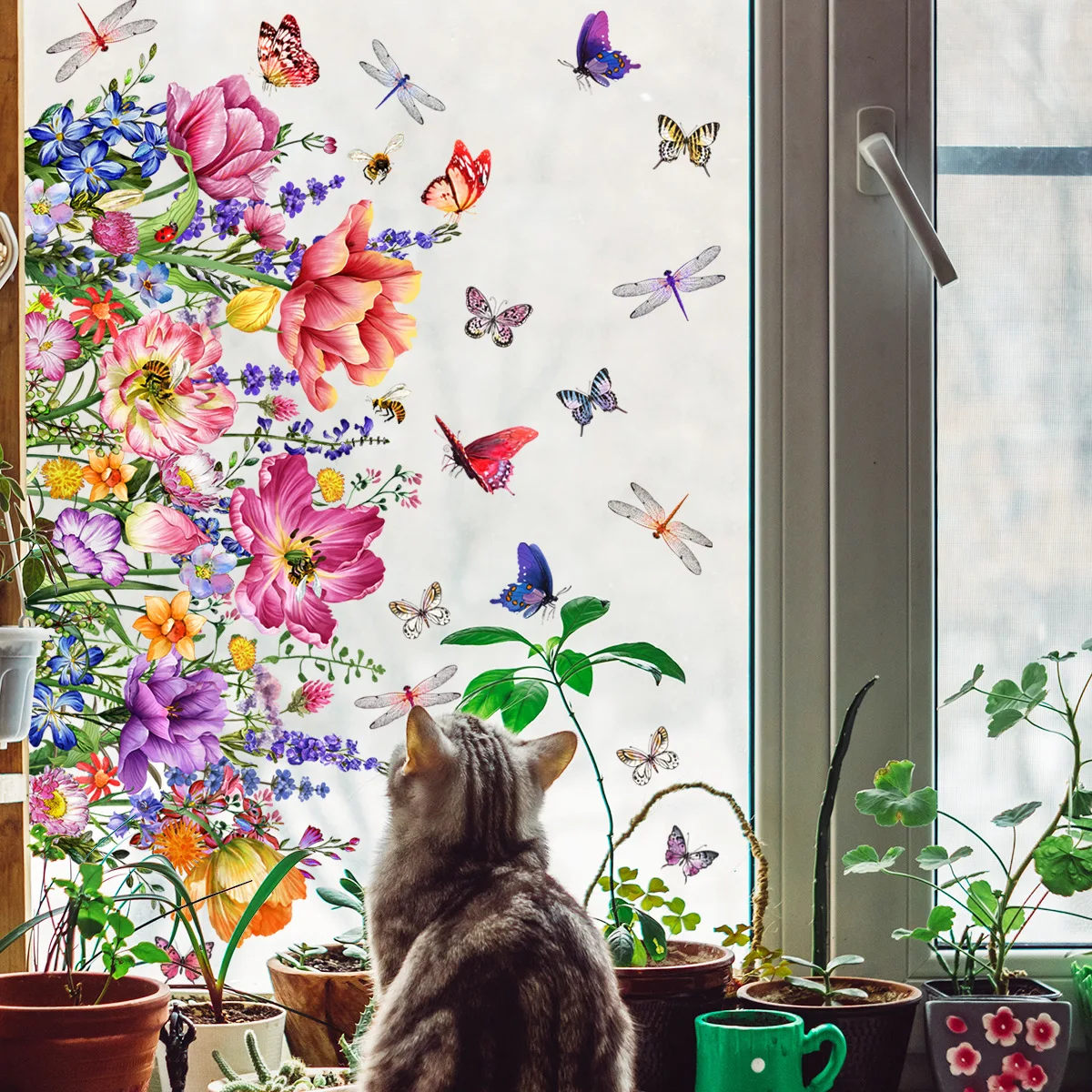 Various Styles of Colorful Butterfly and Floral Static Cling Window Stickers Double-Sided Visible Decorative Window Removable wall stickers window stickers