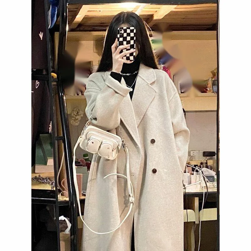 Pink Double sided Cashmere Women's 2023 Autumn/Winter New Korean Loose Mid length Hepburn Style Fleece Coat_voghion.com