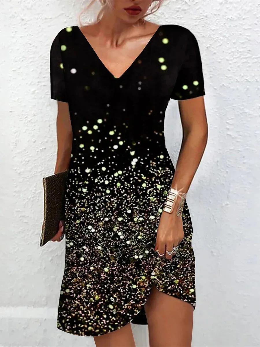 

Women's Casual Summer Dresses Fashion V-neck Elegant Beach Dress Ladies Loose Cotton Party Short Sleeve Floral Printed Dresses