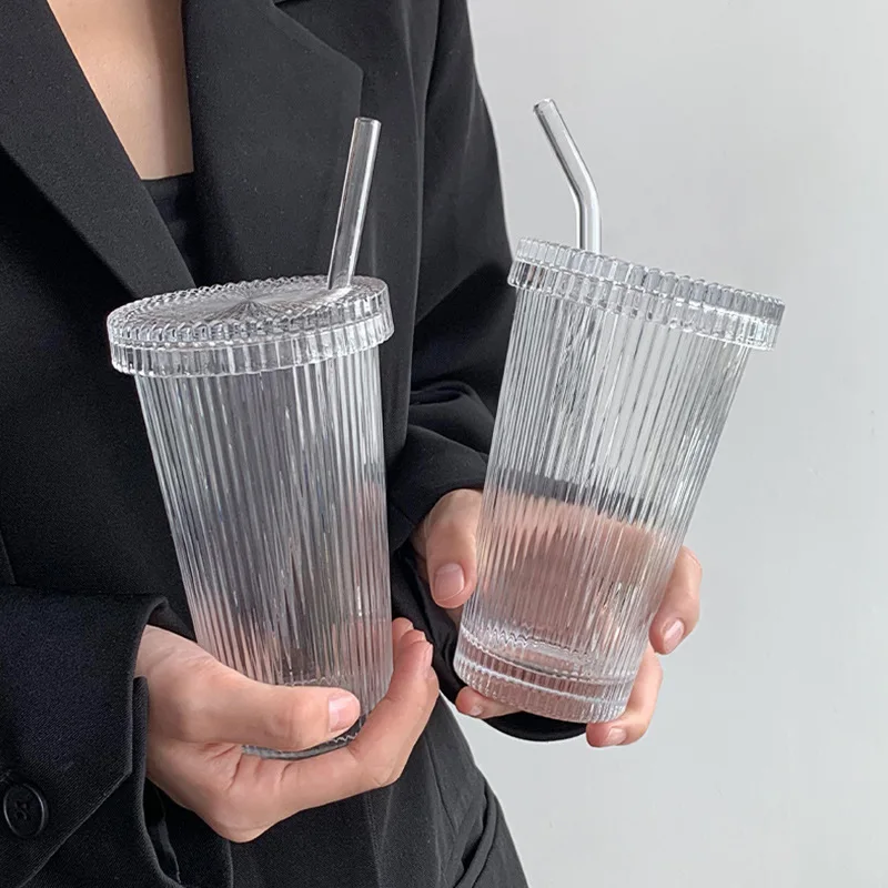 500ML Glass Cups With Lid and Straw Mason Jar Clear Juice Milk Cup With  Bamboo Lids Drinkware Simple Stripe Juice Milk Mocha Cup - AliExpress