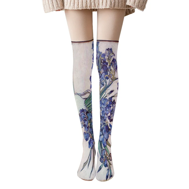 Oil Painting Long Stockings Sunflower Mona Lisa Thigh High Socks For Women Over Knee Cute The Starry Night Thin Legwear Van Gogh