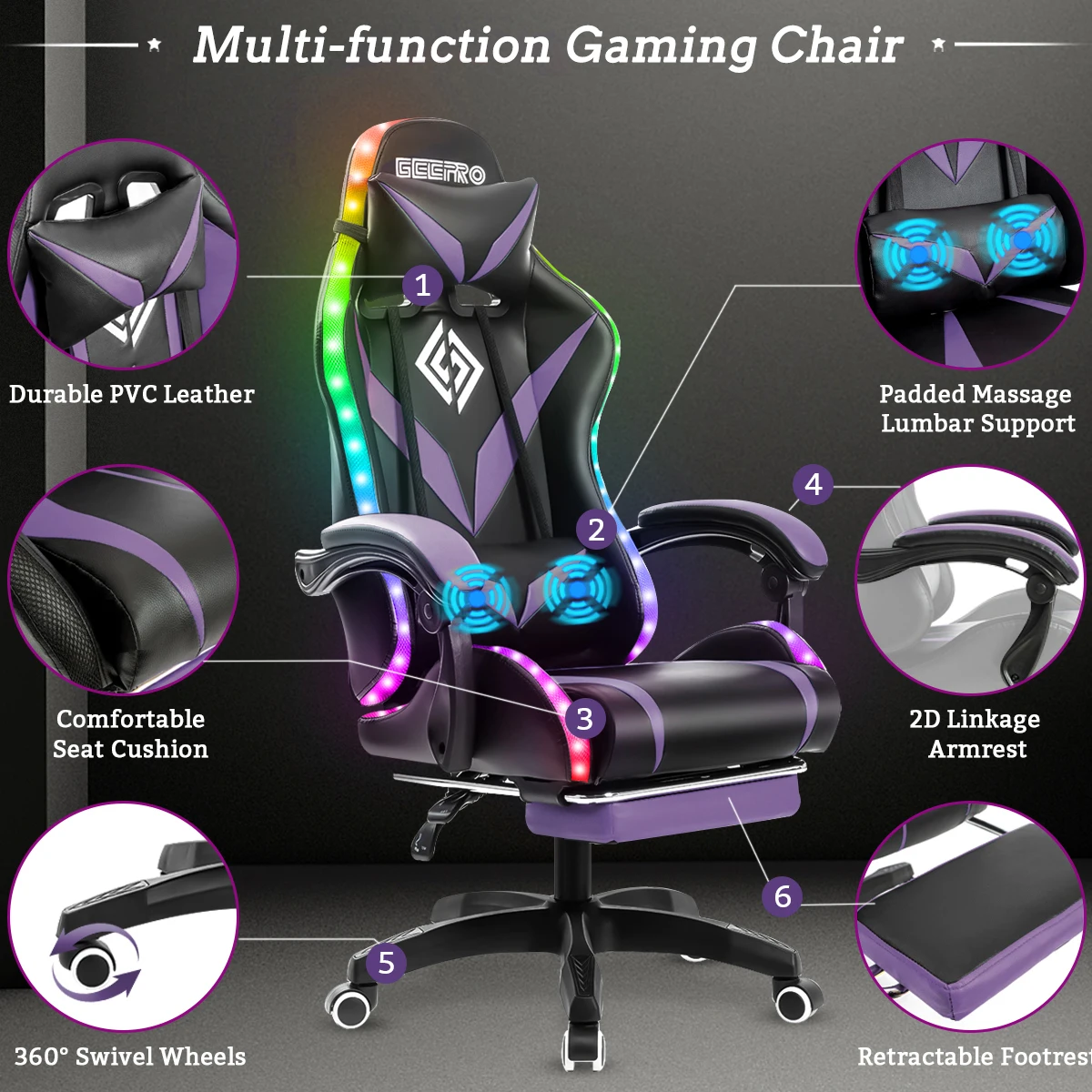 Gaming Chair with PVC Leather Massage Swivel Ergonomic Reclining High Back Office Chair Height Adjustable Headrest Lumbar Suppor 3