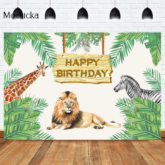 Mocsicka CUSTOM Rainforest Animals Wild One Backdrops Children Happy Birthday Party Photography Background Cake Table Banner 14