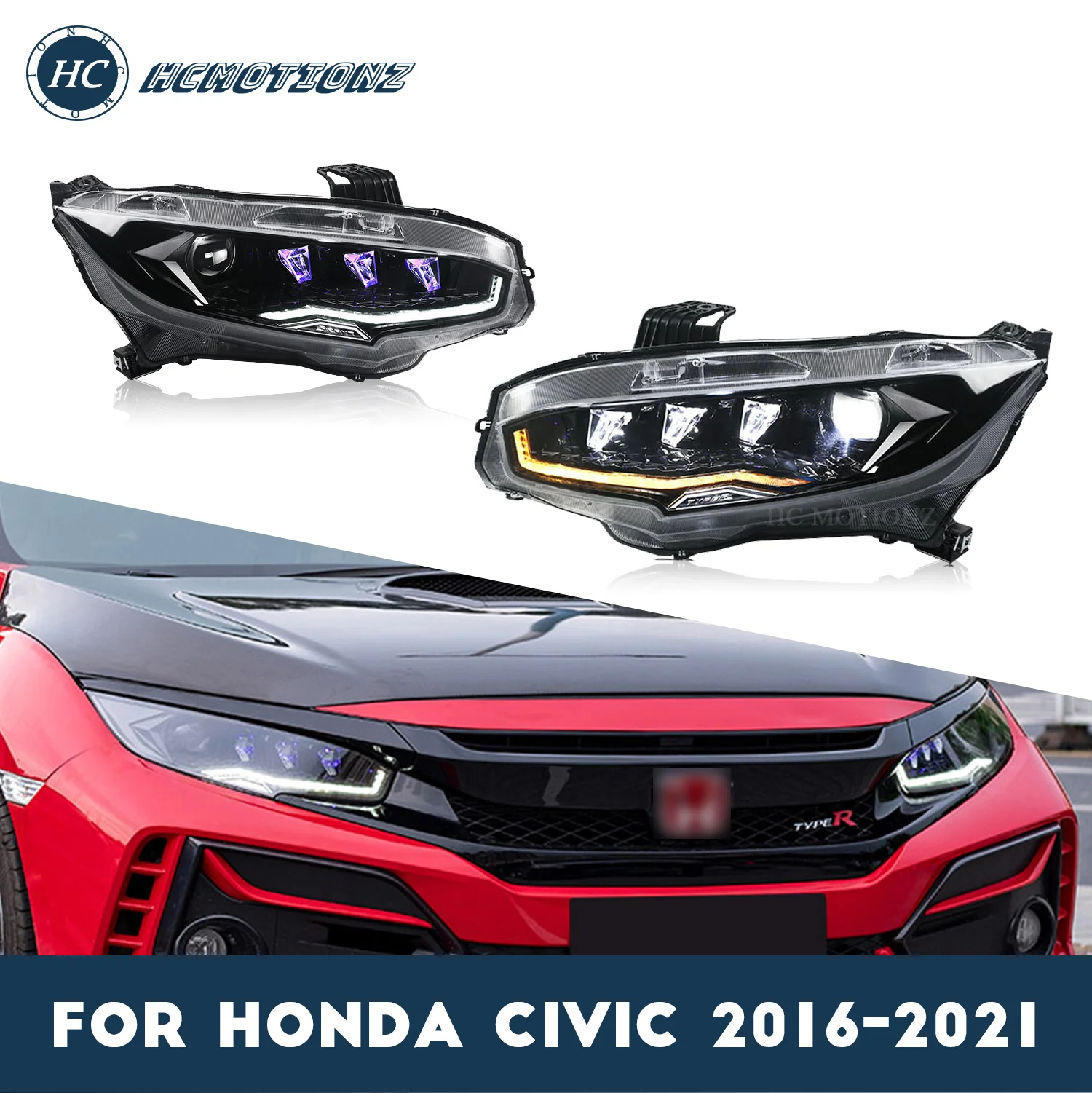 HCMOTIONZ LED Headlights 10th Gen 2016-2021 for Honda Civic Purple Star Diamond Animation Sequential Car Front Lamps