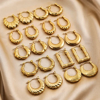 Vintage Gold Plated Stainless Steel Twisted Hoop Earrings for Women Creative Twist Bamboo Ear Buckle Small Hoops Jewelry Gifts