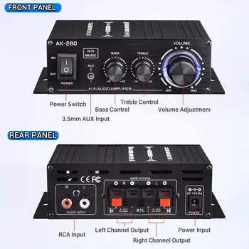 AK280 Mini Digital Sound Amplifier 2.0 Channel 40W+40W HIFI Stereo Audio Power Amplifier for Home Car Bass Treble 4