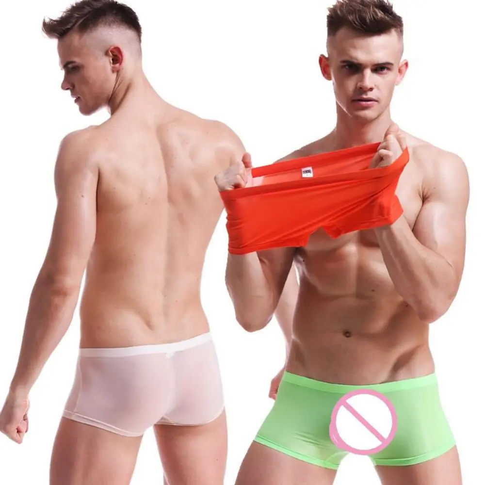 

Men's Ice Silk Boxer Shorts Thin Semi Transparent Underwear Sexy Breathable Low Waist U Convex Hombre Flat Corner Pants