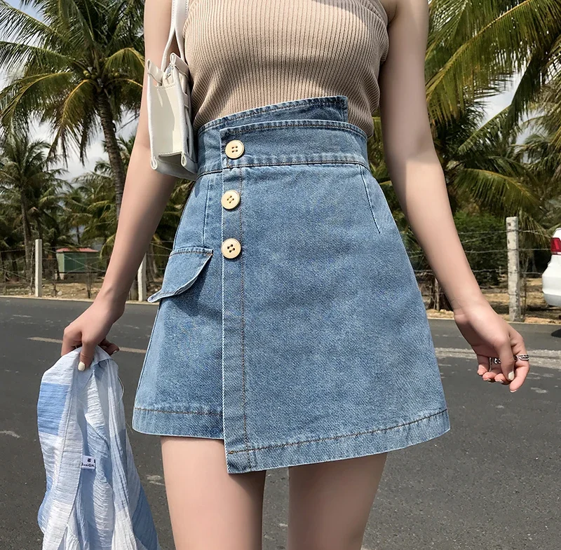 

Women High Waist Asymmetric Buttons Short Jean Skirts Chic Washed Solid Denim Skirt Female Fashionable Casual Streetwear Summer