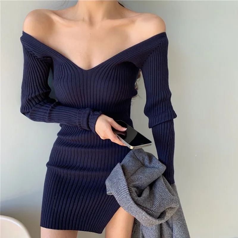 

V-Neck Knitted Sweater Dress Sexy Women's clothing Winter Long Sleeve Solid Color Tight Split Wrap buttocks Dresses