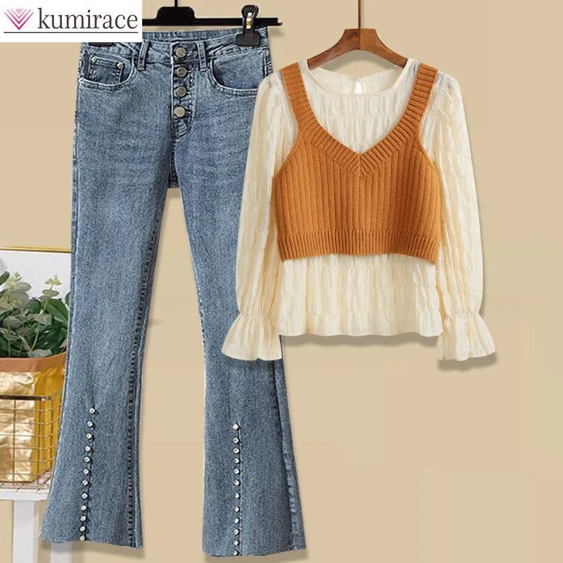 2023 Spring Knitted Suspender Vest Chiffon T-shirt Jeans Three-piece Elegant Women Pants Set Luxury Clothes Tracksuit Outfits