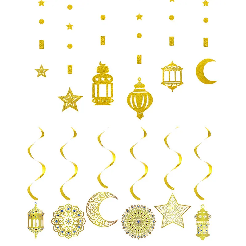 

6Pcs/set Eid Mubarak Banner Moon Star Bunting Ceiling Hanging Ornament Backdrop Ramadan Kareem Islam Muslim Party Decorations