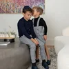 AP Navy Collection Fall Girls Silk Satin Dress Family Matching Clothes Boys Plaid Pants Overalls Baby Romper Polo Sweater, #7701 6