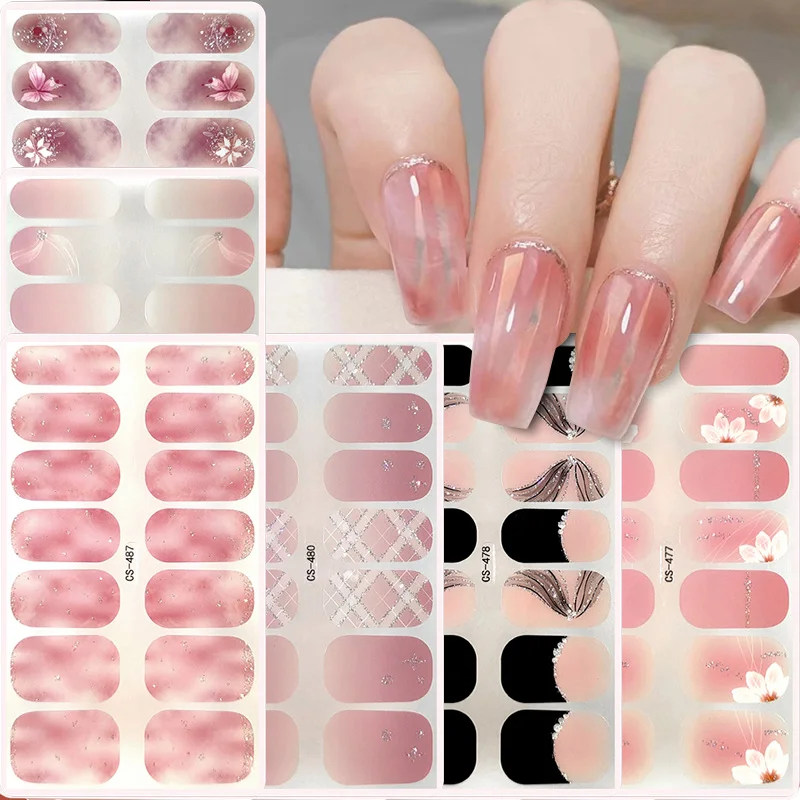 14 Tips Full Cover Gel Nail Strips Sticker Long-Lasting Nail Polish Strips Wraps Nail Art Stickers Self-Adhesive DIY Slider