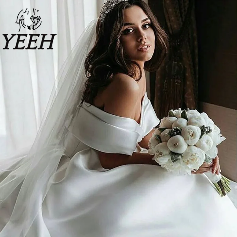 

YEEH Wedding Dress Boho Ruched Satin Simple Bridal Gown A-line Elegant Off-the-shoulder Court Train Vestido De Noiva for Bride