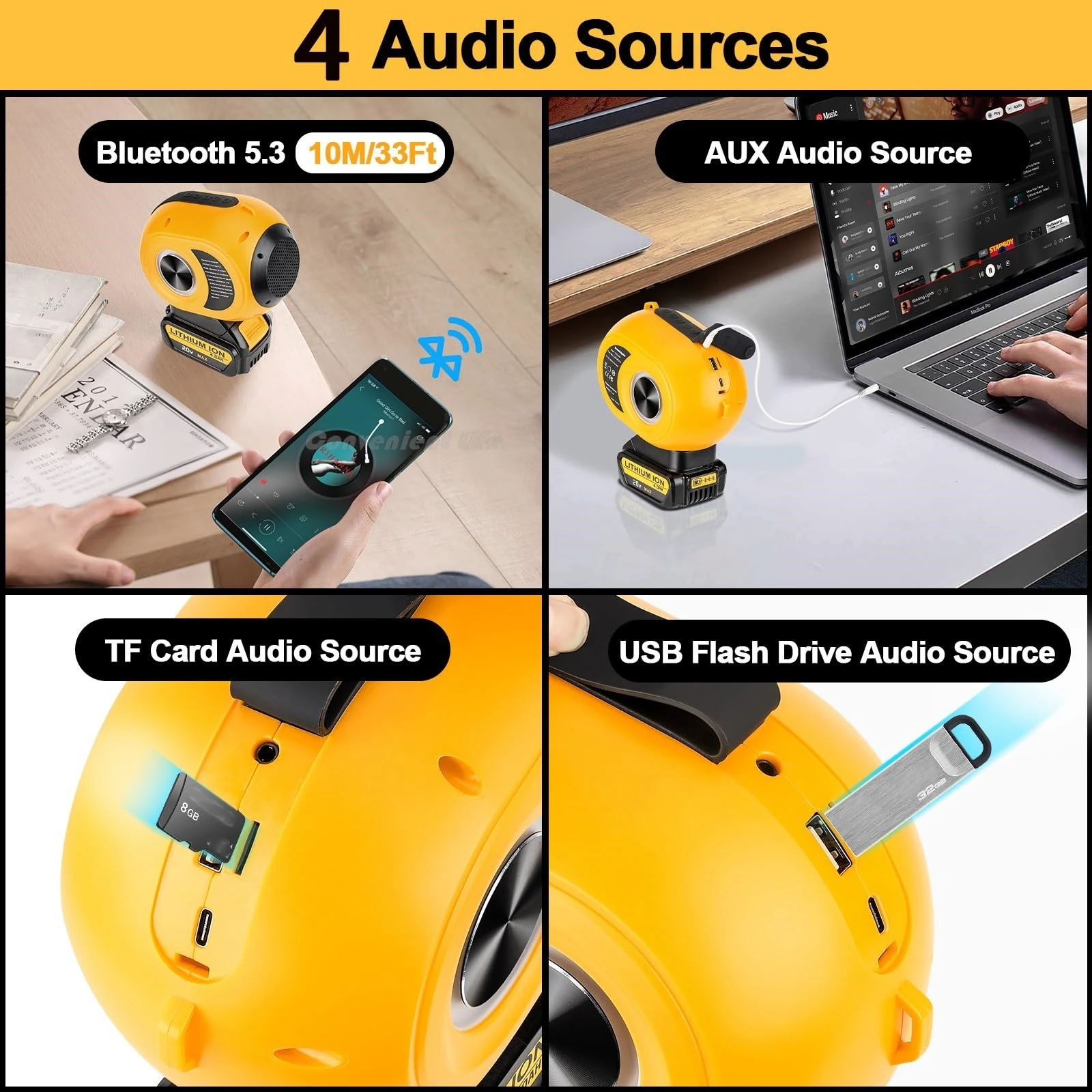 Wireless Bluetooth Speaker Compatible with DeWalt 20V Max Battery TWS Paring BT5