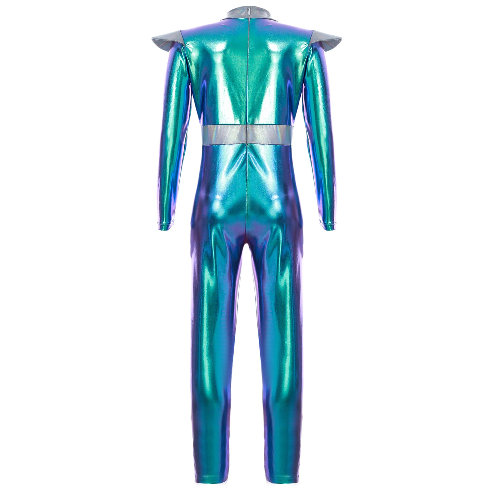 Girls Boys Cosplay Alien Costume Shiny Metallic Full Body Suit Space Astronaut Robot Role Play Jumpsuit Halloween Party Dress Up