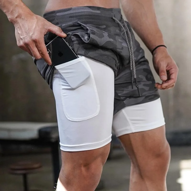 New Fashion Men's 2-in-1 Training Running Shorts Lightweight Training Yoga Fitness Shorts with Zippered Pockets