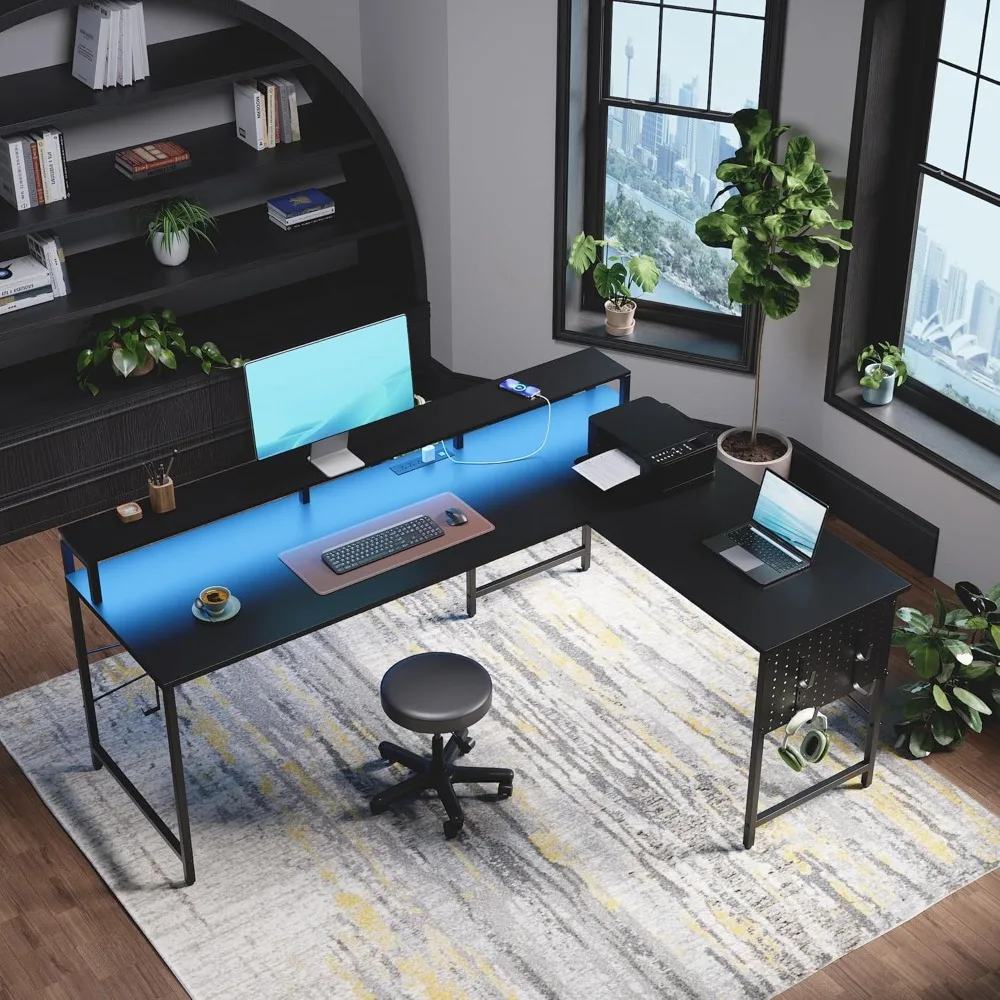 64 Inch L-Shaped Gaming Desk with Power Outlets, LED Lights, Monitor Stand & Pegboard for Home Office