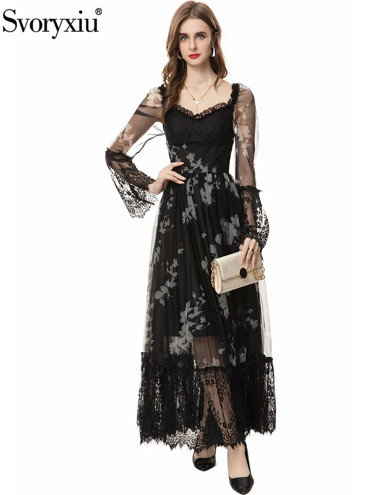 

Svoryxiu Runway Fashion Summer Party Black Floral Print Long Dress Women's Square Collar Lace Flounces Sleeve Big Swing Dress