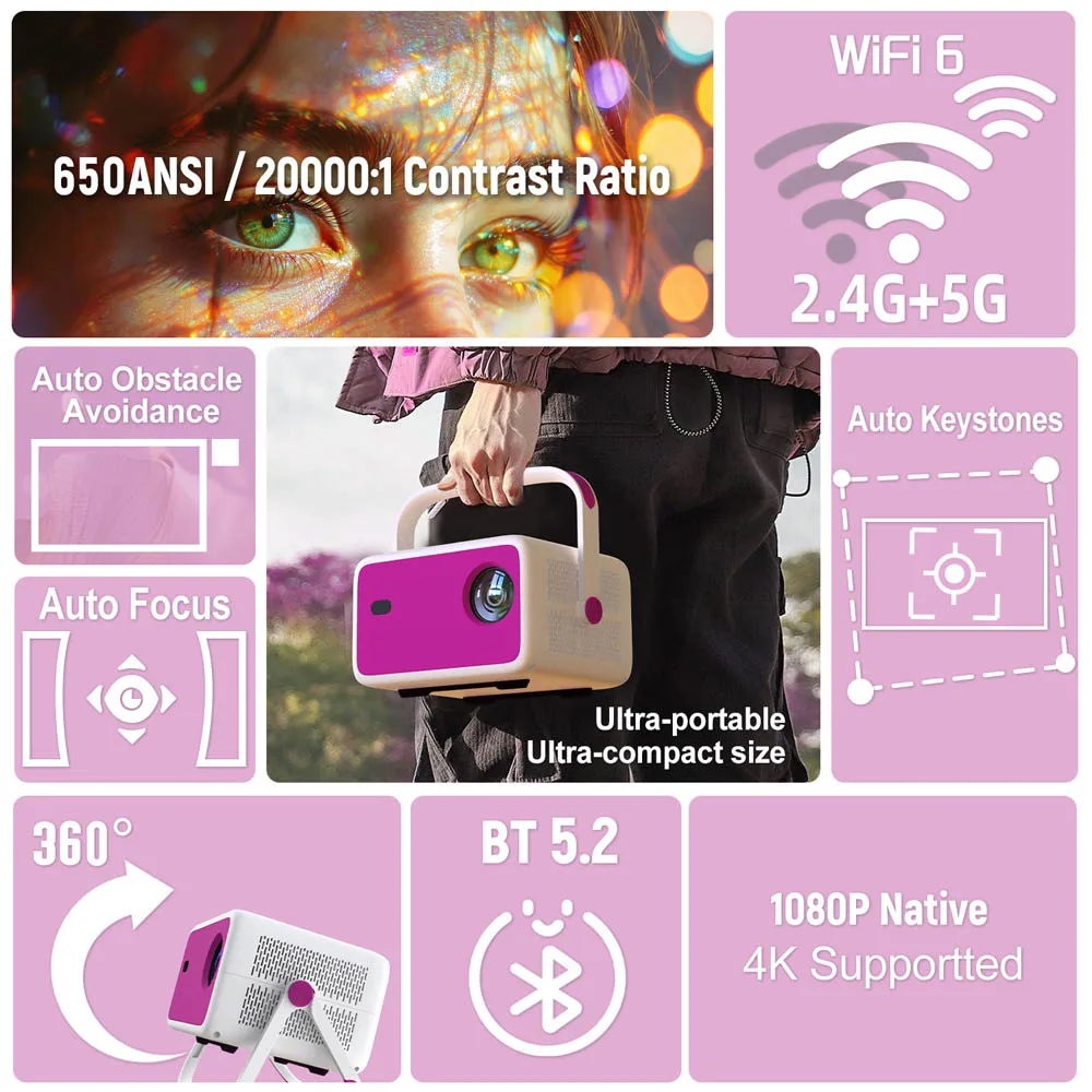 TP350 AOSP 네이티브 1080P 650 ANSI 4K 360 ° 프로젝터(안드로이드 11, H713 칩) ? 휴대용 야외 사용을 위한 휴대용 케이스 포함