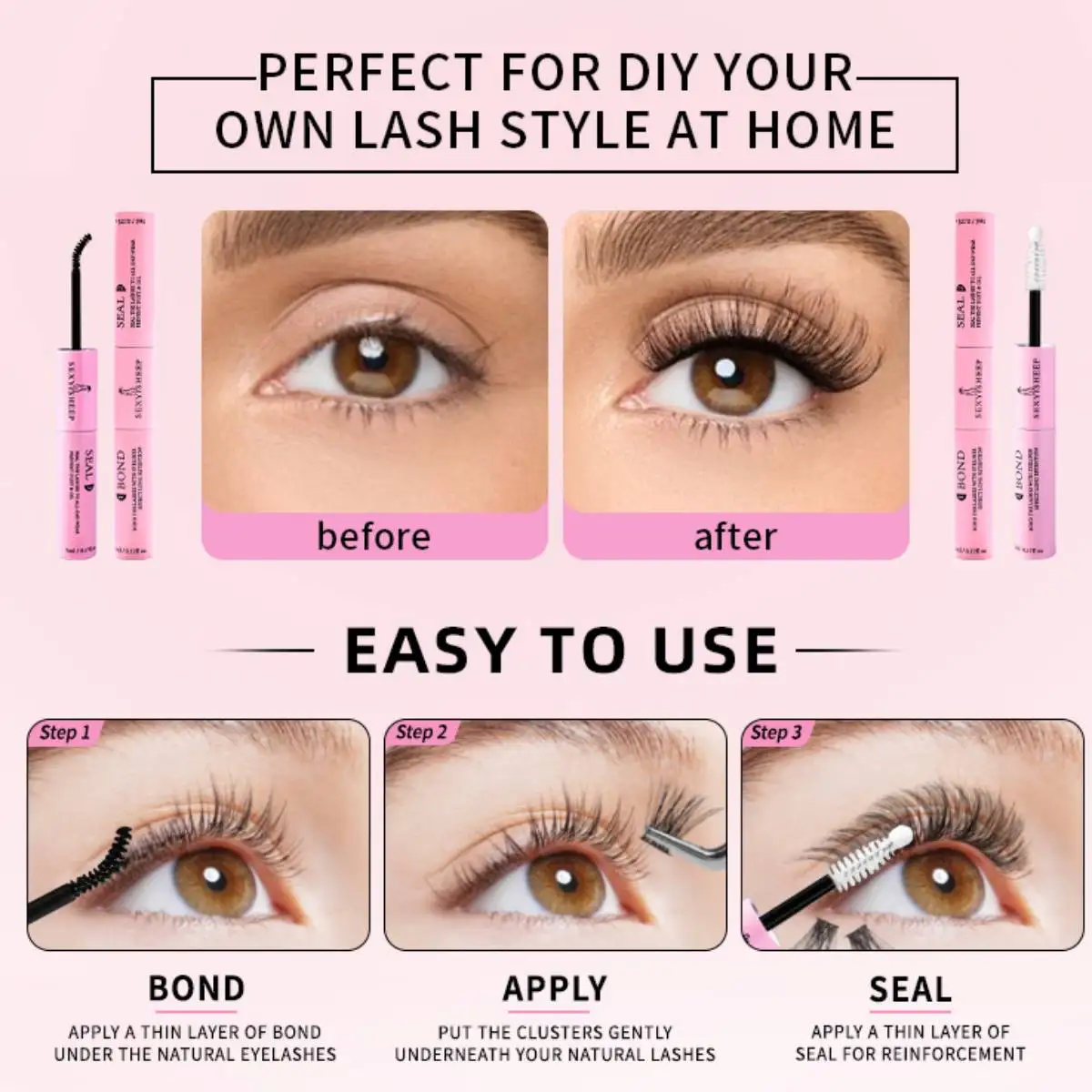 Eyelash Glue and Seal for Eyelash Clusters Strong Fixed  Eyelash Glue Lasting 48H 2 in 1(5ml Black Glue + 5ml Clear Seal) 6