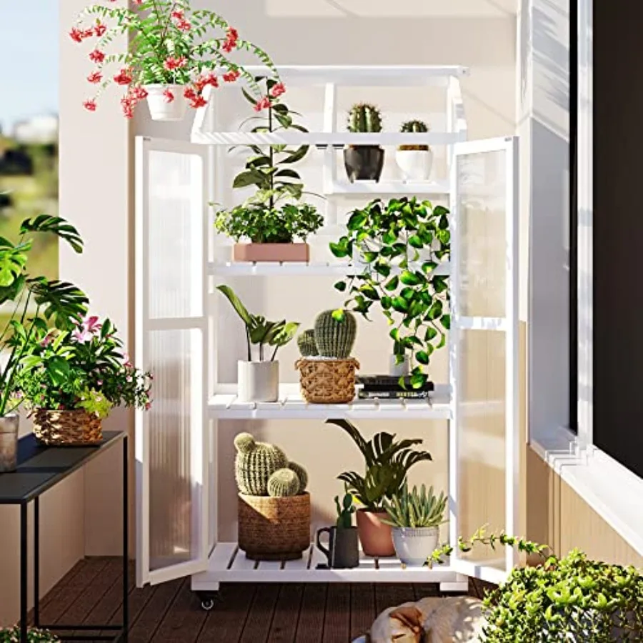 Portable Wooden Greenhouse with Wheels and Adjustable Shelves for Indoor Outdoor Patio Balcony Garden 31.5 Lx22.4 Wx62 H White