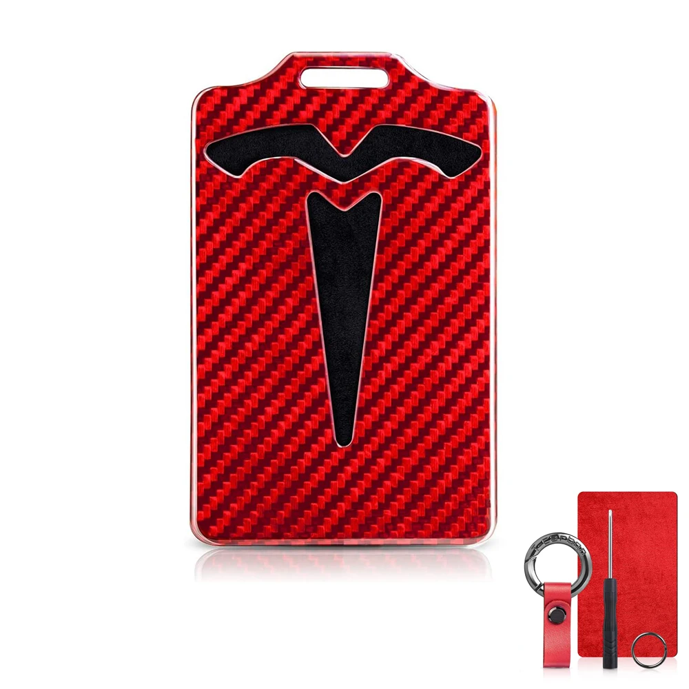 Key Card Holder for Tesla Model 3, Model Y Key Card, Real Carbon Fiber Card Key Protection Case with Key Chain (RED/BLUE)