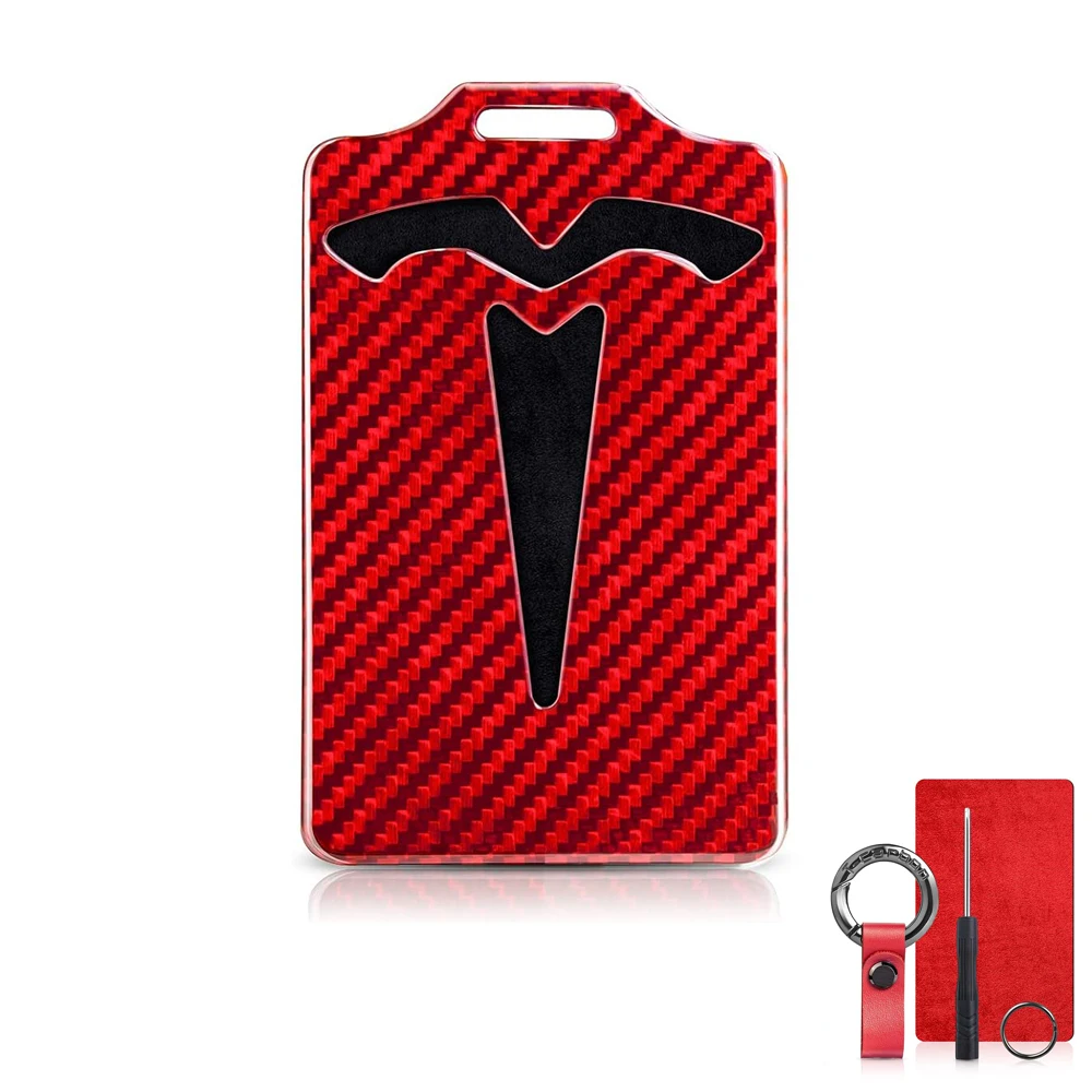 Key Card Holder for Tesla Model 3, Model Y Key Card, Real Carbon Fiber Card Key Protection Case with Key Chain (RED/BLUE) key card holder for tesla model 3 model y key card real carbon fiber card key protection case with key chain red blue