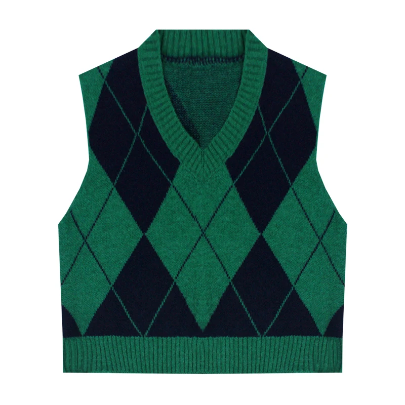 

2023 New Korean Autumn Winter V-neck Colour Matching Plaid Knitted Vest Green Black Sleeveless Short Knit Waistcoat Women Jumper