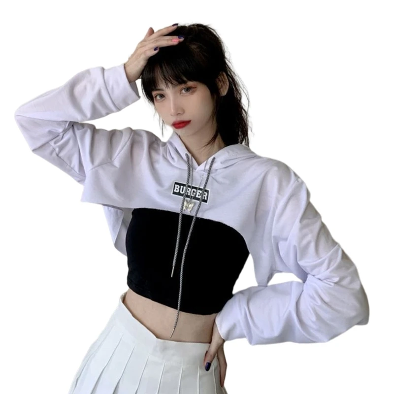 GORGLITTER Dames crop hoodie pullover zeer kort sweatshirts lange mouwen trui ronde kraag cut outs shirts met capuchon, zwart, XS