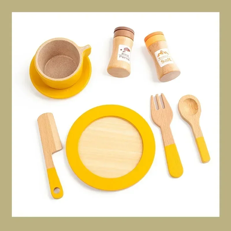 Wooden Kitchen Toy Plates Dishes Montessori Color Matching Cups Simulation Play for Kids Play Cutlery Plate Set for ChildrenGift