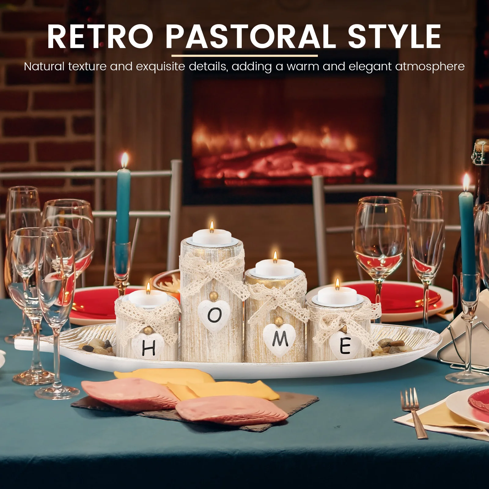 Wooden Candle Holders Tealight Candlestick Set 3/4Pcs Tealight Candle Holder with Tray and Decorative Pebble for Home Decoration