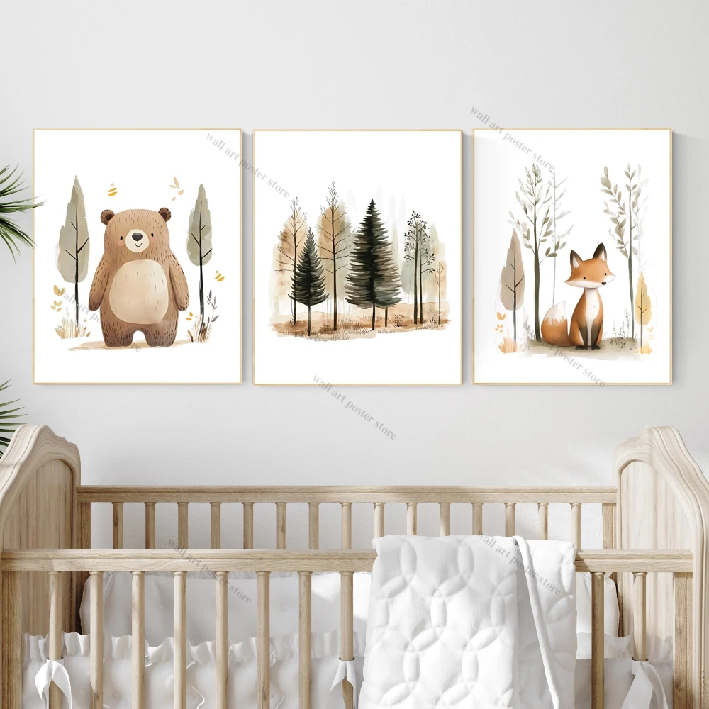 Woodland Nursery Wall Art Poster Bear Fox Forest Prints Neutral Baby ...