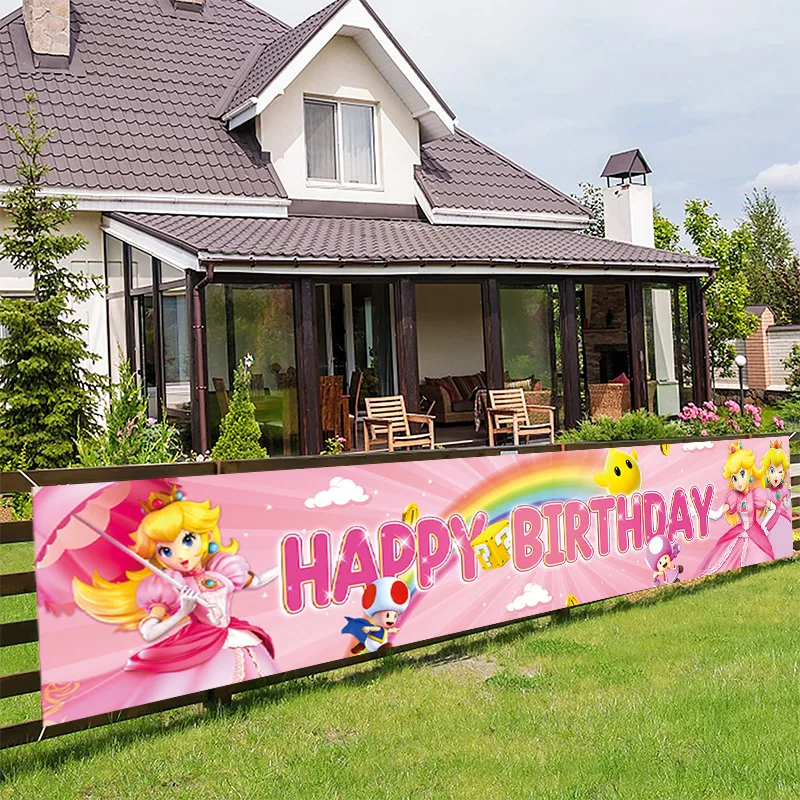 

50x300cm Super Mario Princess Peach Birthday Banner Outdoor Flag Decorate Kids Grils Birthday Party Supplies Garten Hang Banners