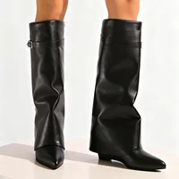 Black Pu Leather Knee High Boots Women Sexy Pointed Toe Straight Leg Boots Woman Punk Style Wedge High Heels Long Botas Mujer - Image 2