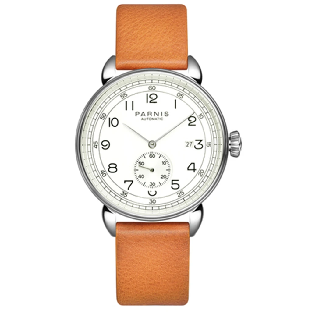

Parnis new 42mm mens top luxury mechanical watch silver watch case date leather automatic man watch
