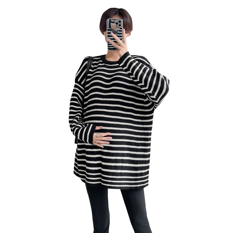 Autumn Winter Thick Striped Knitted Maternity Sweaters Oversize Loose Pullovers Clothes for Pregnant Women Pregnancy Shirts Tops