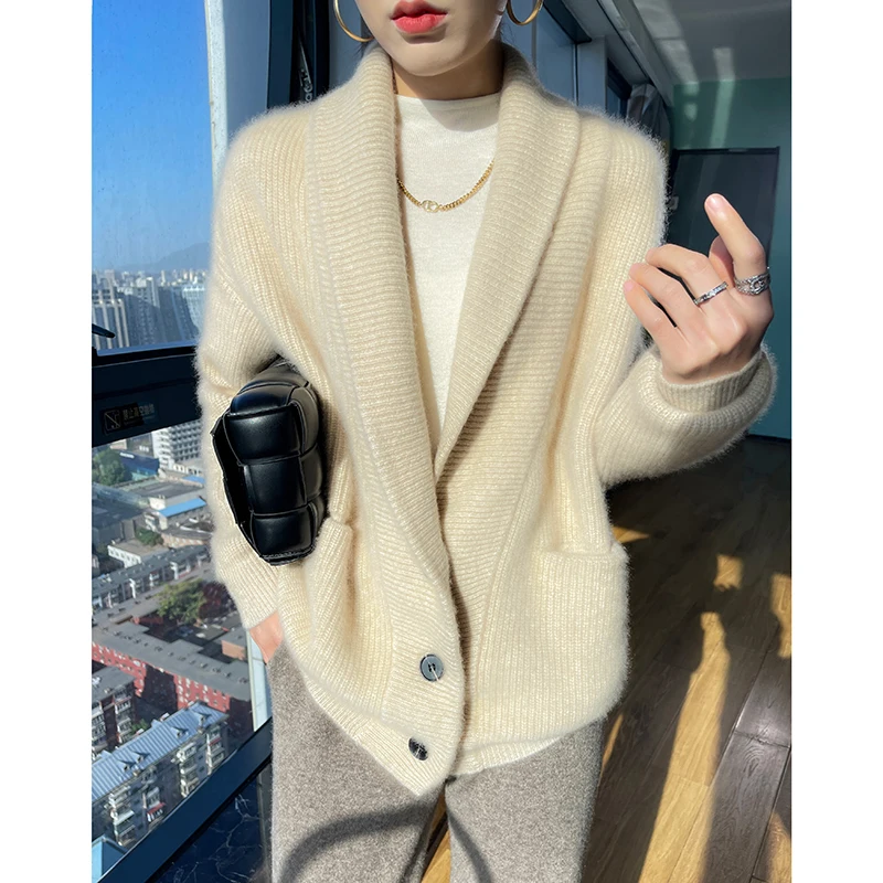 

French Fashion Sweater Jacket For Women's Autumn Winter Long Sleeved Solid Color Thickened 100% Merino Wool Knitted Cardigan