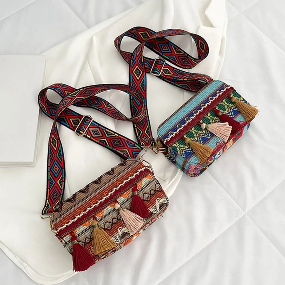 

Style Woven Bag Cloth Handbag Fringe Tassel Bag Embroidery Small Square Bag Women Shoulder Bag Ethnic Style Bag Crossbody Bags